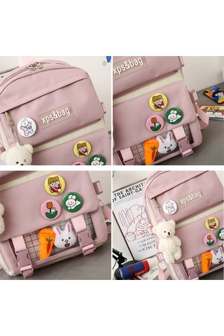 Mufunye Klasik Kumaş Çanta Seti Sırt Çantası + El Çantası + Clutch + Kalem Kutusu - Pembe Renkli Yumuşak Dokuma, Geniş Kapasite, Sevimli Ayı Figürü İle Dekore Çok Renkli