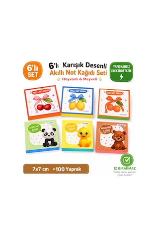 Meyveli Hayvanlı 6'li Mini Akıllı Not Kağıdı Seti 100 Sayfa Yapışkansız Post-it