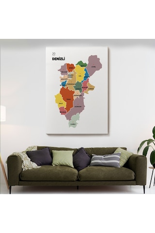 Denizli İli Ve İlçeler Haritası Dekoratif Kanvas Tablo 1319 150 X 85
