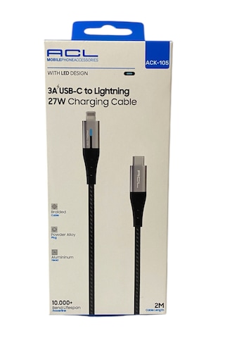 2 Metre Uzun İphone Uyumlu Usb C To Lightning Şarj Kablosu Led Işıklı Hasır Örgülü 27 Watt Şarj Data Kablosu