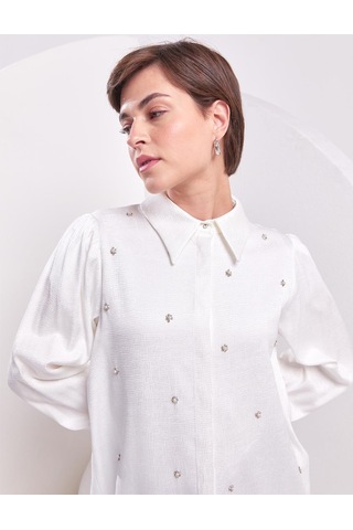 İnci İşlemeli Jakarlı Tunik-ekru Ekru