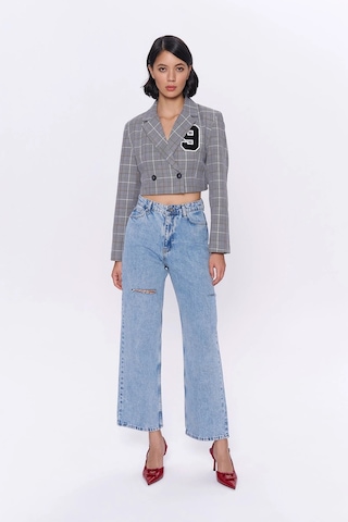 Kareli Çift Düğmeli Crop Blazer Ceket Gri Gri