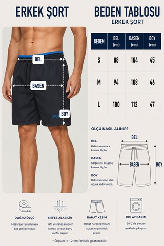 Neco Giyim Erkek Siyah Mavi Beli Lastikli Spor Deniz Şortu Siyah