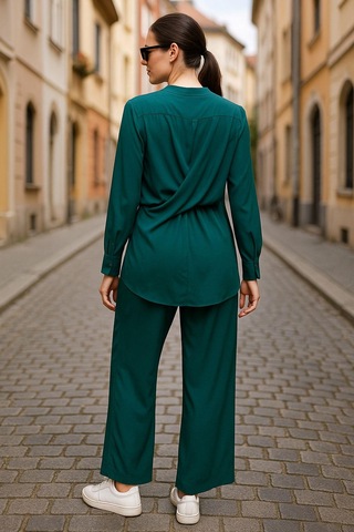 Yeşil Kruvaze Yaka Gömlek Pantolon Kadın İkili Takım - Modern Tasarım Çok Renkli
