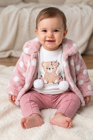 Ahengim Minik Ayıcık Baskılı Puanlı Yumuşak Dokulu Peluş Montlu 3 Lü Kız Bebek Set Takım Ak8534 Gül Kurusu
