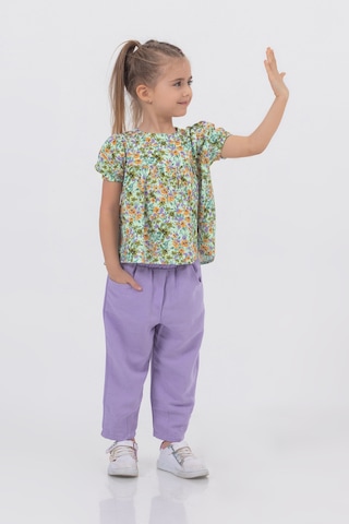 Kız Çocuk Dokuma Üst Keten Pantalon Model Alt-üst Takım Lila