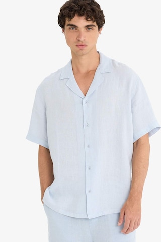 Defacto %100 Keten Relax Fit Apaş Yaka Kısa Kollu Gömlek F4597ax25hsbe771 Mavi