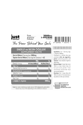 Just Nutrition L-arginine 126 Gr L-arjinin 42 Servis + Shaker + Protein Kahve Hediyeli Aromasız