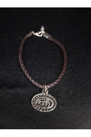 Mryart Erkek Kadın Otantik "allah" Yazılı Deri İpli Gümüş Renk Bileklik Kahverengi