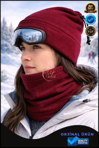 Overpet Yetişkin Polar Boyunluk Ayarlanabilir, Çok Amaçlı Boyunluk & Bere Bordo