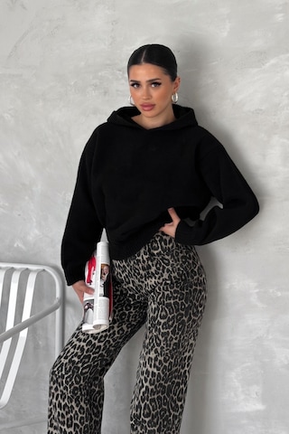 Femelle Kadın Siyah Standart Beden Kapüşonlu Peluş Triko Sweatshirt