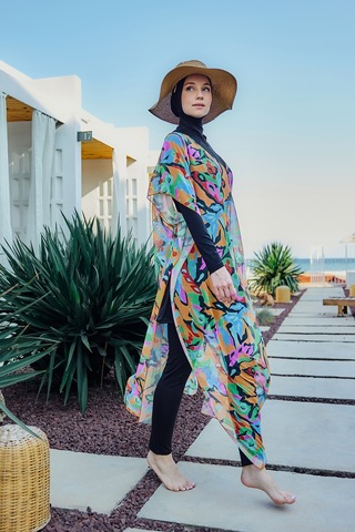 Remsa Mayo Remsa Tesettür Mayo Üzerine Desenli Tek Kaftan Pareo 430-308 Turuncu Turuncu