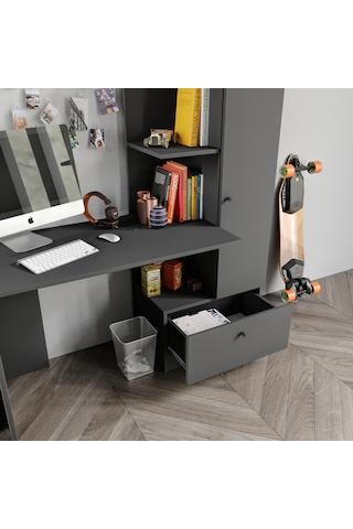 Merlin Mobilya Minör Antrasit Çalışma Masası Ve Kitaplık Antrasit