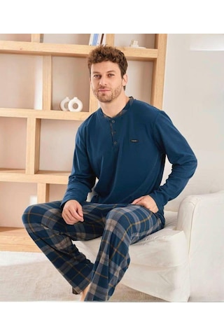 Pijamoni Erkek Düğme Yaka Kışlık Mikrosoft Likralı Pijama Takımı 6410/8 - 1 Adet Petrol