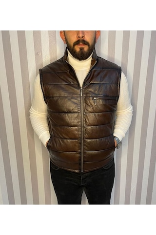 Şişme Hakiki Deri Yelek Karartmalı Kahve Gündelik,mevsimlik Slim Fit Kesim Kahverengi