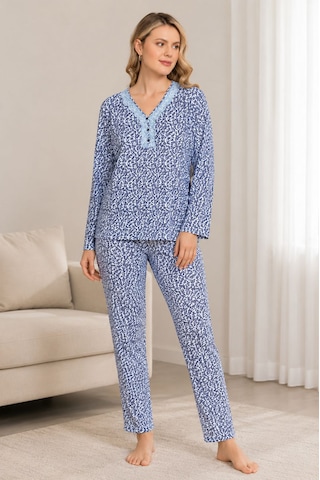 Kadın Mavi Desenli Pijama Takımı Açık Mavi - Beyaz
