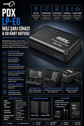 Pdx Canon Lp-e6 İkili Şarj Cihazı Ve Sd Kart Kutusu Powerbank