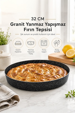 Granit Döküm Yuvarlak Fırın Tepsi Yanmaz Yapışmaz Yüksek Isıya Dayanıklı 32 Cm