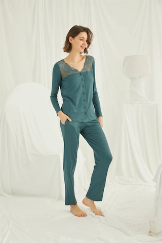 Monamise 19307 Kadın Uzun Kollu Yakası Ve Omzu Dantelli Önü Boydan Düğmeli Pijama Takımı-yeşil YESIL