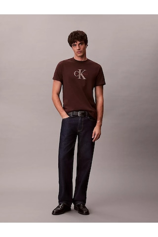 Erkek Normal Kesim Yuvarlak Yakalı Ck Logo Baskılı Pamuklu Kısa Kollu Kahverengi T-shirt Kahverengi