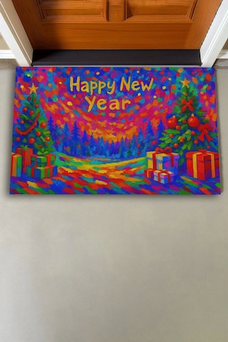 Valerine Life Happy New Year Mutlu Yıllar Welcome Hoş Geldiniz Kapı Önü Paspası 45x70cm Kahverengi
