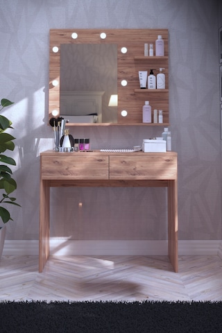 Tokyo Kulis Işıklı Aynalı Tabureli Çekmeceli Makyaj Masası Atlantik Çam