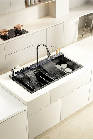 Lüx Dijital Akıllı Eviye Seti Premium Black Akıllı Mutfak Evyesi- 100x46 Cm Çok Fonksiyonlu Siyah