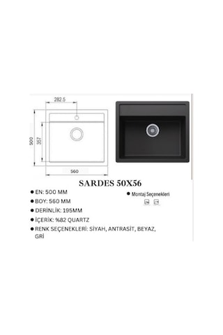 Granit Evye Sardes Series Beyaz Renk En:50 Mm Boy :61 Mm Derinlik :195 Mm