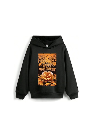 Stil X Halloween - Cadılar Bayramı Baskılı, Kapüşonlu Çocuk Sweatshırt, 3 İplik Şardonlu Siyah-7