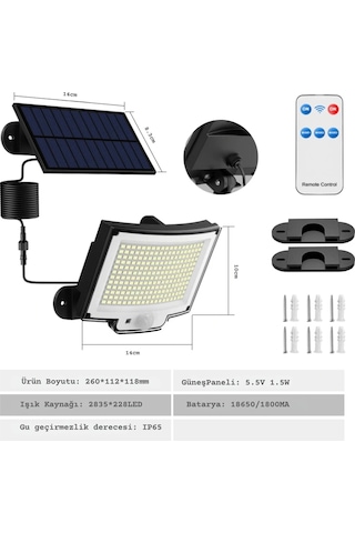 Etashop 228 Led Güneş Enerjili Sensörlü Dış Mekan Lamba Uzaktan Kumandalı Ip65 Projektör Bahçem Gara Çok Renkli