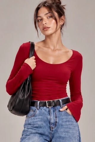 Bbbutikbasic Kadın U Yaka İspanyol Kol Uzun Kollu Slim Fit Bluz My3535 Kırmızı