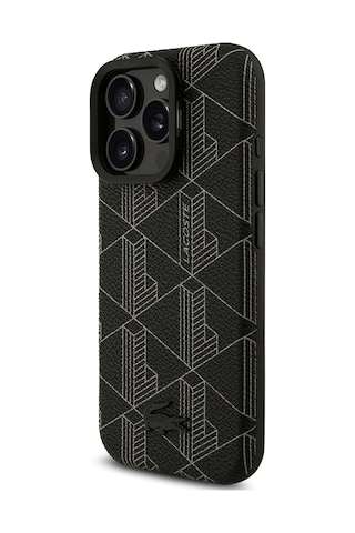 Apple Uyumlu iPhone 16 Pro Max Kılıf Lacoste Lisanslı M-safeli Standlı Pu Karışık Monogram Desenli Kapak Siyah Siyah