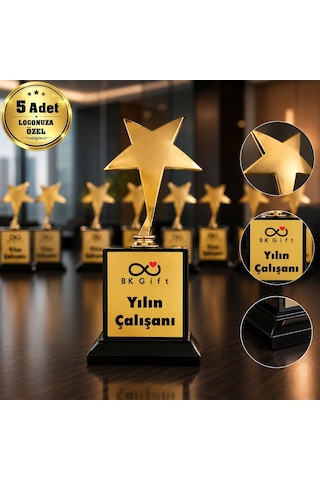 Logonuza Özel 5 Adet Mesajlı Gold Renk Yıldız Oskar Kurumsal Ödül Kupası 18 X 8 Cm