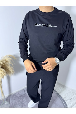 Say-Has Fashion Göğüs Baskılı Bisiklet Yaka Sweatshirt Siyah