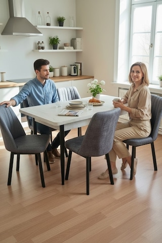 Efe Mobilya T-6033 Traverten Açılır 80x130 Kare Gold Açık Gri Sandalye 6 Kişilik Yemek Masası Takımı