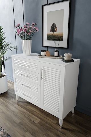 Panjurlu 4 Çekmeceli 1 Kapaklı Şifonyer Modern Tasarım, Mdf Kapak, Beyaz Gümüş Beyaz