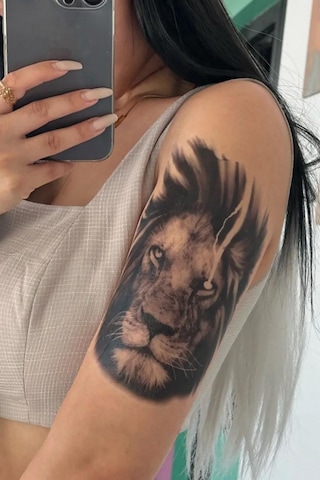 Karat Tattoo Aslan Desenli Su Geçirmez Geçici Dövme Kol Omuz Bacak Uyumlu Siyah Büyük Tattoo