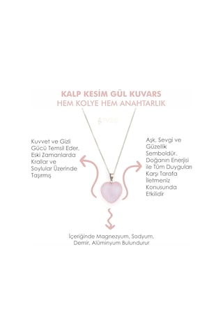 Mystic Energy Doğal Taş Gül Kuvars Kalp Kesim Kolye &  Anahtarlık Altın