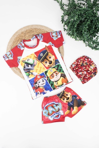 Erkek Çocuk Paw Petrol Baskılı Boneli Mayo-6429-kırmızı Kırmızı