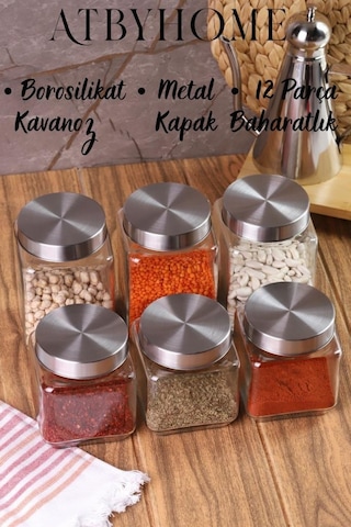 Metal Kapaklı 6'lı Borosilikat Cam Kavanoz Baharatlık 820 ML + 570 ML