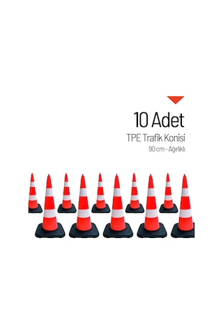 10'lu Tpe Trafik Konisi Seti 90 Cm Ağırlıklı Çift Reflektifli Trafik Dubası-3631