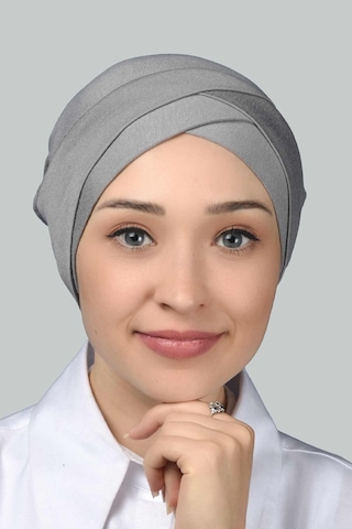 Altobeh Dört Bantlı Çapraz Dış Tesettür Bonesi Hazır Türban Penye - Gri