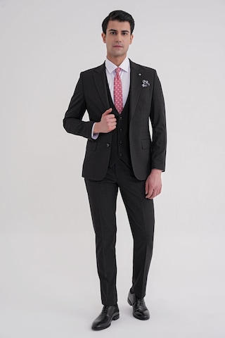 Efor Slim Fit Çift Yırtmaç Ekoseli Esnek Yünlü Yelekli Klasik Siyah Takım Elbise Tk 934 Siyah