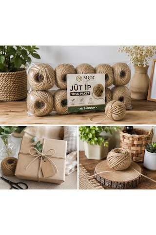 Jüt İp 10 Lu Paket 150 Metre Doğal Hasır İp Kendir İpi Dekoratif Süsleme Hediye Paketleme Makrome İp