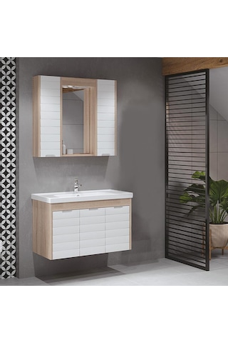 Turkuaz Seramik Frame Etajerli Lavabo 90 x 45 CM-Denko Mostar 90 Alt Modül