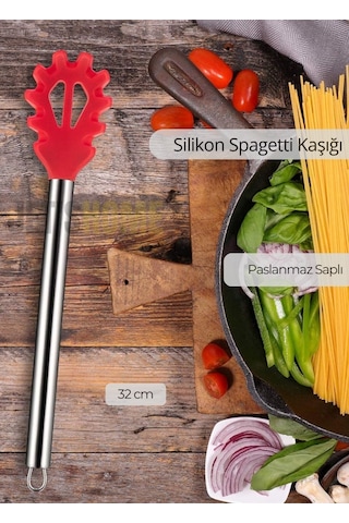 Silikon Spagetti Kaşığı Paslanmaz Saplı Kırmızı 32 Cm Kırmızı