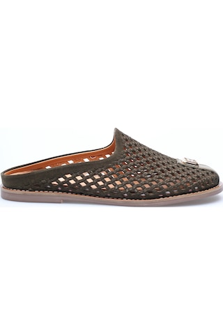 Analin Shoes Kadın Hakiki Deri Delikli Günlük Rahat Terlik Haki