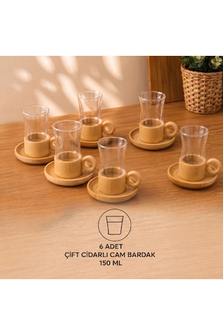 Özel Üretim Şık Isı Korumalı 12 Parça Çay Seti Bambu Bardak Altığı Çift Cidarlı Cam 150 Ml çok renkli