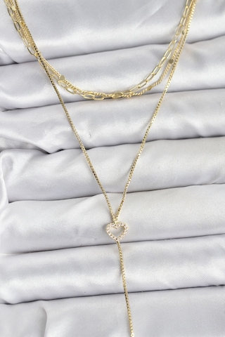 Zarif Boyunlar İçin Golden Pirinç Kalp Üçlü Kombin Kadın Kolye Standart