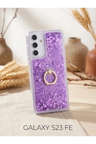 Flody Samsung Uyumlu Galaxy S23 Fe Kılıf Sulu Simli Akışkan Silikon Yüzüklü Mor